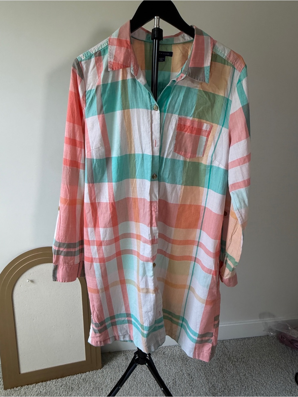 Tommy Hilfiger Pastel Plaid Tunic Shirt - Coral, Mint & White